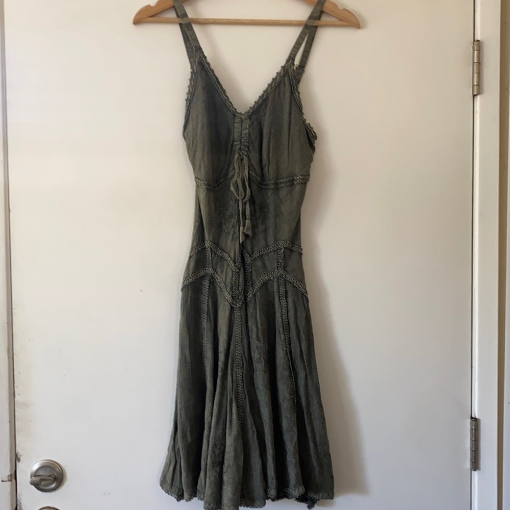 Olive green dress with embroidered details, size S with tags, 100% rayon